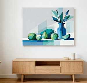 Quadro su tela con natura morta, moderno, <span class=keywords><strong>verde</strong></span> acquamarina, con vaso di frutta, per decorare cucina, soggiorno e casa. - Product Image 2