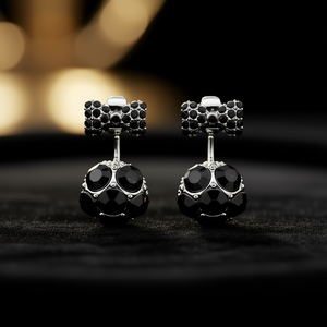 Boucles d'oreilles clous en cristal noir E1580, en argent 925, forme boule, serti clos, bijoux de luxe pour femme, pour soirée - Product Image 2