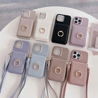Casing selempang kulit PU iPhone, casing selempang kulit cermin Slot kartu, casing ponsel untuk iPhone XR 11 12 13 15 Plus Pro Max dengan tali bahu