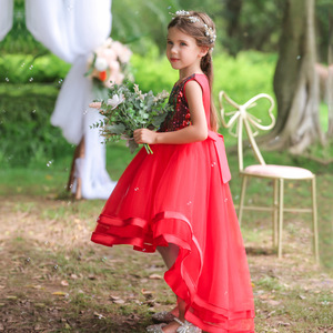 Girls' <b>Sequined</b> Tulle Dress <b>Red</b> A-Line O-Neck Flower Girl Dress For Parties Performances Summer Wear - Product Image 2