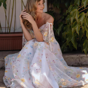 Vestido de Noche de Organza con Estampado Floral y Hombros Descubiertos, Cintura Imperio, Capa Transparente Larga, Moda Femenina, Estilo Primavera-Verano - Product Image 4