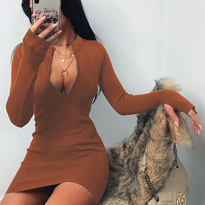 <strong>Women</strong> Casual Long Sleeve Zip up <strong>Collar</strong> Straight Solid Color <strong>Dress</strong> Tight Sexy Bodycon Mini <strong>Dress</strong> - Product Image 6