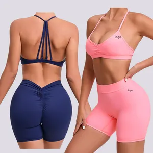 OEM set pakaian olahraga wanita, 2 potong bra olahraga seksi celana pendek yoga berkerut cepat kering untuk olahraga gym