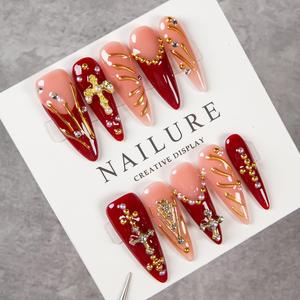 Faux ongles à presser faits main, style français, forme stiletto, 10 pièces, pour doigts - Product Image 3