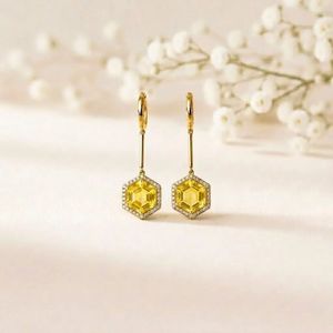 Yellow Lemon Quartz Gemstone <b>Earrings</b> with Cubic Zirconia Hexagon Drop Accent Faceted Natural Stone <b>Fine</b> <b>Earrings</b> Minimalist - Product Image 1