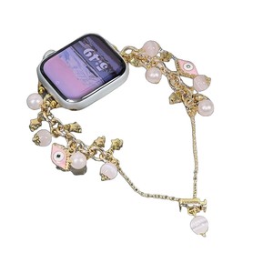 Correa de reloj de metal con cadena de perlas y estrella de ojo turco rosa, ajustable, para reloj inteligente. - Product Image 3