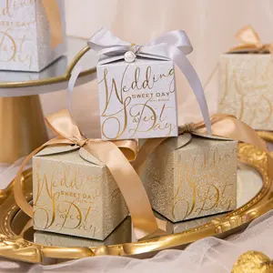 Boîtes de faveur de mariage en papier scintillant de luxe or argent boîte-cadeau de bonbons avec perle de ruban