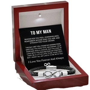 2026 <b>Engraved</b> Geometric Stainless Steel Black Handmade Leather Unisex Chain & Link Bracelet Magnetic Buckle Classic - Product Image 5