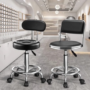 Tabouret de bar en cuir noir au design original Zxm, cadre en métal, dossier, chaise de barbier avec roulettes, salon de beauté - Product Image 6