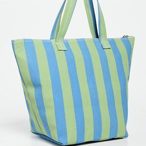 Grand sac personnalisable en toile rayée avec fermeture éclair DIY logo réutilisable sacs à main de voyage pour femmes sacs à main Weekender coton fourre-tout été automne - Product Image 5