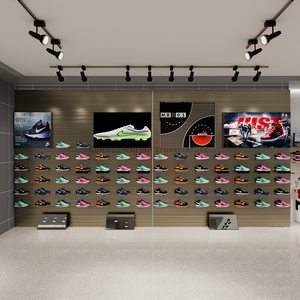 Présentoir mural personnalisé pour chaussures de sport, en métal noir, pour magasin de chaussures, design intérieur de boutique de baskets - Product Image 4