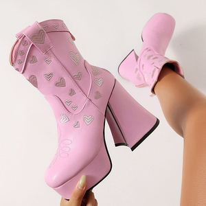 Bottines à talons hauts et épais pour femmes, avec broderie en forme de cœur, bout carré, fermeture éclair arrière, plateforme épaisse, bottines courtes - Product Image 3