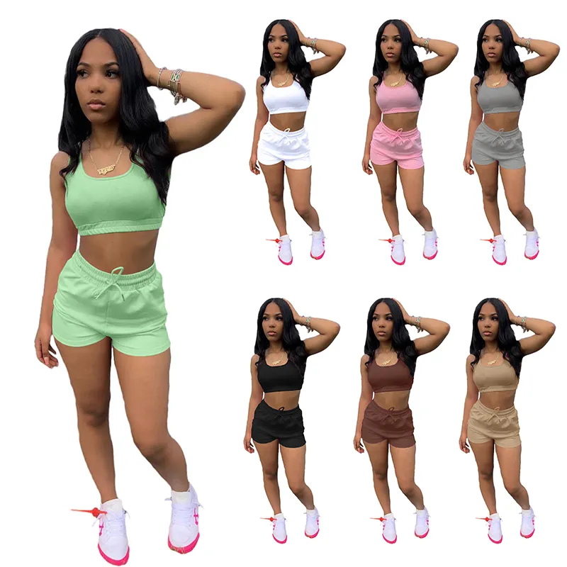 Summer Lady New Solid Trendy Sweat Suits Women Casual Outfit Clothing Suit Vest Shorts Two Piece Set clothes