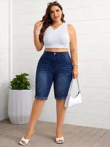 European and American plus high <b>waisted</b> <b>elastic</b> denim flared cropped pants for comfortable summer - Product Image 4