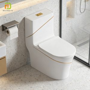 WC monobloc allongé de luxe en céramique, avec chasse d'eau double à siphon en porcelaine moderne, finition or et blanc, pour salle de bain et villa - Product Image 1