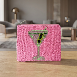 <b>Pink</b> Beaded Coin Pouch Embroidered Martini Glass Zipper Wallet Fashion Canvas Promotional <b>Gift</b> Bag - Product Image 1