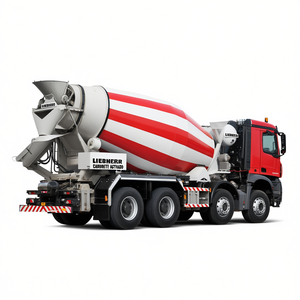 Camion malaxeur à béton Liebherr 8x4 à rayures rouges et blanches, véhicule de construction robuste - Product Image 2