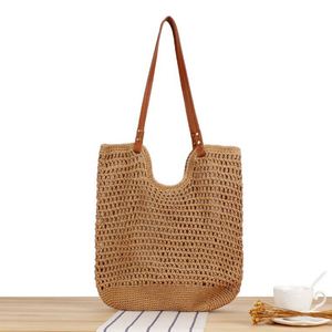 Sac fourre-tout décontracté en coton tissé grande capacité pour femme, sac à main de plage en paille ajouré - Product Image 2