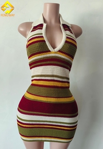 <span class=keywords><strong>Abito</strong></span> da donna estivo personalizzato alla moda Chic a righe multicolori senza schienale Mini <span class=keywords><strong>abito</strong></span> corto Vintage senza maniche da donna - Product Image 3