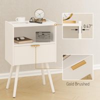 Table de chevet pliable de style Mid-Century Modern avec tiroir et étagère ouverte, table d'appoint cannelée |   Table de chevet blanche avec poignée brossée dorée