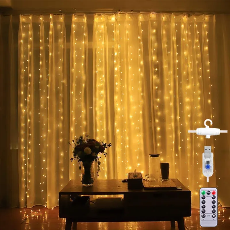 Guirlande lumineuse rideau à lumière 300 LED, 3 m, pour fête, mariage, noël, décoration, féerique, 8 Modes d'éclairage, USB, pour chambre à coucher