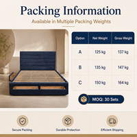 Lit plateforme rembourré en tissu bleu avec rangement intégré, disponible en tailles double, queen et king, pour la vente au détail et la distribution B2B, personnalisation OEM