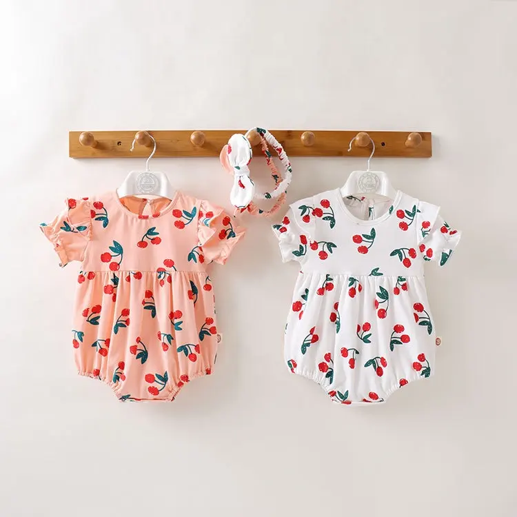 Ropa para bebé recién nacido, conjunto bonito de algodón para niña pequeña, pelele + Diadema con lazo de cereza, trajes para niña