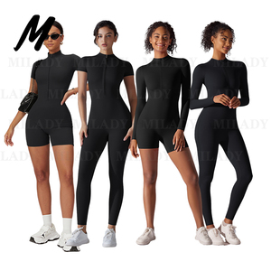 Tuta Intera da <span class=keywords><strong>Donna</strong></span> con Maniche Corte o Lunghe, Compressiva, Elasticizzata, Morbida, con Zip Frontale, per Yoga, con Pantaloni Lunghi o Corti - Product Image 1