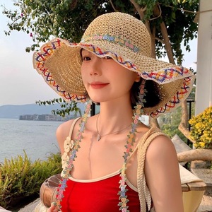 Sombrero de paja de ala ancha de estilo étnico para mujer, color beige y marrón, para verano, playa, protección solar, resistente al viento, sombrero de pescador para mujer adulta - Product Image 4