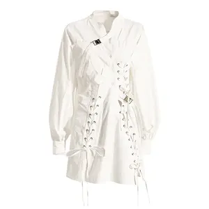 OUDINA Neueste Mode Asymmetrisch Weiß Langarm Schnür Kordel zug Damen bekleidung Hemd Kleid Für Damen kleider