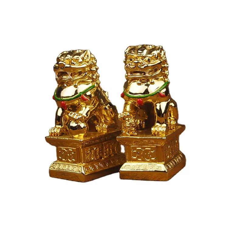 Coffret de figurines du chien Fu 24 k, peinture dorée, Fengshui Foo gardien du Lion, Statue de chien Fu couleur dorée