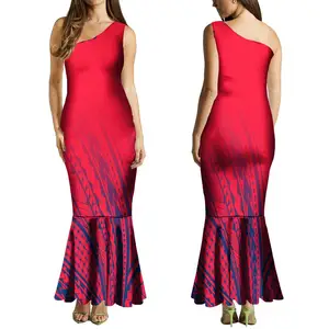 Vestido de noche sin mangas de un hombro personalizado de alta calidad, vestido de sirena Tribal polinesio rojo, vestidos de fiesta para discoteca para mujer