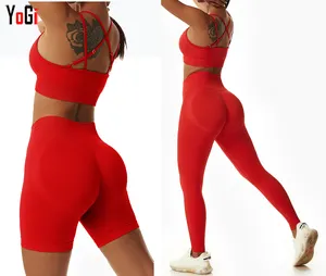 Großhandel weibliche Frauen nahtlose 4-teilige Fitness-Studio tragen leere Sport Yoga Halfter BH und Scrunch Butt Leggings Shorts Set