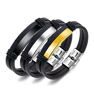 Silver Black Custom Logo Engraved Two Layer Fashion Hot Selling Cheap Price Men Stainless Steel Leather Bracelet