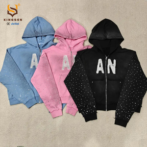 Sweat à capuche zippé pour homme, personnalisé, vintage, hiver, tricoté, imprimé, effet délavé, streetwear, avec appliqué, broderie et strass - Product Image 1