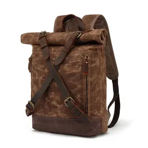 Fabrika yüksek kalite mumlu tuval Retro deri rulo üst sırt çantası rahat bilgisayar çantası seyahat okul dizüstü sırt çantaları erkekler için