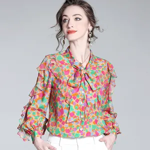 Camisa de seda de otoño 2023 con lazo elegante blusa de mujer con volantes finos blusas de seda de morera 100% natural crudo
