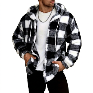 <b>Mens</b> <b>Black</b> Plaid Fluffy Hooded <b>Jacket</b> Sherpa <b>Fleece</b> Checkered Button Up Warm Oversized Plush Hoodie Streetwear Winter Coat - Product Image 1