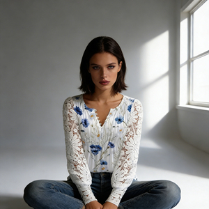 Chemise élégante pour femme, en dentelle blanche claire, à manches en dentelle, respirante, à col en V, boutonnée sur le devant, décontractée, mi-longue - Product Image 5