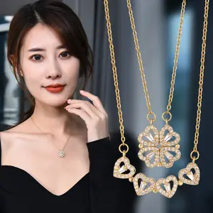 Ожерелье с подвеской из стерлингового серебра S925 для девочки, две одежды, четырехлистный клевер, 4 сердца любви, обледенелый кубический цирконий, магнитное ожерелье