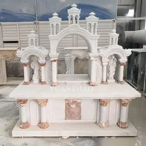 Mesa de altar antiga ocidental de pedra natural esculpida à mão em mármore branco para igreja cristã