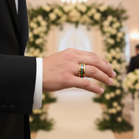 Bague en carbure de tungstène 8 mm avec incrustation de bois de fût de whisky et opale verte écrasée, finition polie miroir bombée, pour homme, alliance de mariage et bijoux de fiançailles