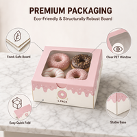Boîte à donuts 4 pièces, boîtes à cupcakes de Noël avec fenêtre transparente en PET, carton rose, emballage personnalisé pour gâteaux et pâtisseries
