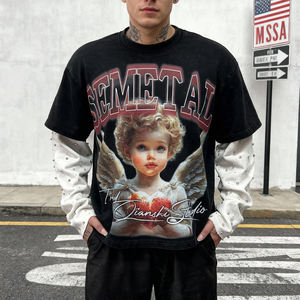 เสื้อยืดสตรีทแวร์ฮิปฮอปผ้าฝ้ายประดับเพชรเทียม ดีไซน์เนอร์ทรงโอเวอร์ไซส์ ล้างสีแบบแอซิดวอช เสื้อยืดแขนยาวสองชั้น สำหรับผู้ชาย - Product Image 3