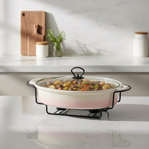 Plat de service ovale en céramique à bords festonnés de 11, 13 et 15 pouces, chauffe-plat avec support métallique - Product Image 4