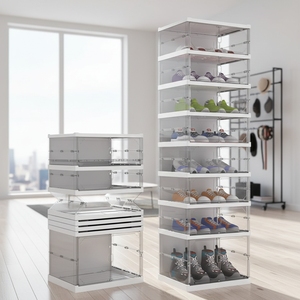 رف أحذية بلاستيكي قابل للطي من FAHKNS، منظم أحذية محمول، خزانة تخزين بباب شفاف مغناطيسي بدون تجميع للمدخل/غرفة المعيشة - Product Image 1