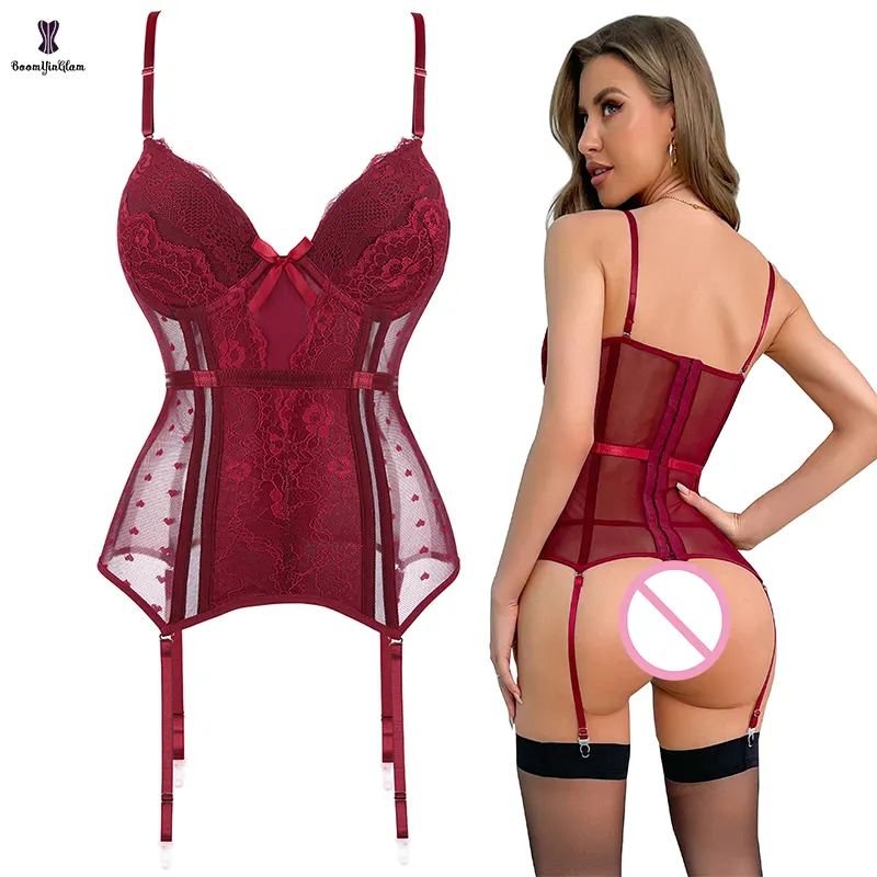 Corpete vermelho com renda, corset feminino de renda elástica, espartilho com fio acolchoado