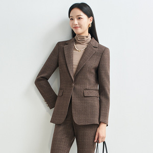 Brown Plaid Suit <b>Set</b> Women Autumn Polyester Worsted Anti-Wrinkle <b>Office</b> Lady Style Full Sleeve - Product Image 3