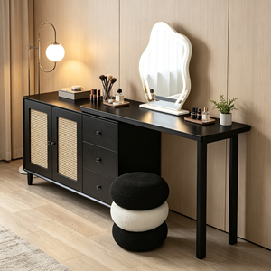 Modern Black Makeup <b>Vanity</b> With Rattan Cabinet Drawers Lighted <b>Mirror</b> And Stool Bedroom <b>Dressing</b> <b>Table</b> - Product Image 5