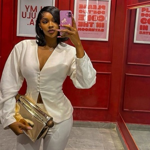 ชุดแฟชั่นฤดูใบไม้ร่วงแบบสองชิ้นสำหรับผู้หญิง เสื้อแขนยาวคอวี กางเกงทรงเข้ารูป ชุดเซ็ต 2 ชิ้น ชุดใหม่สำหรับผู้หญิง - Product Image 3